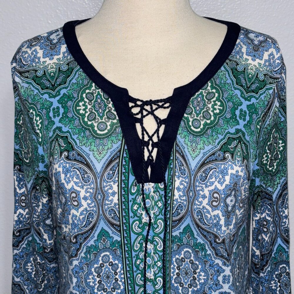db Established 1962‎ Boho Paisley Lace Up Tunic Top Blue Green S Rayon Spandex